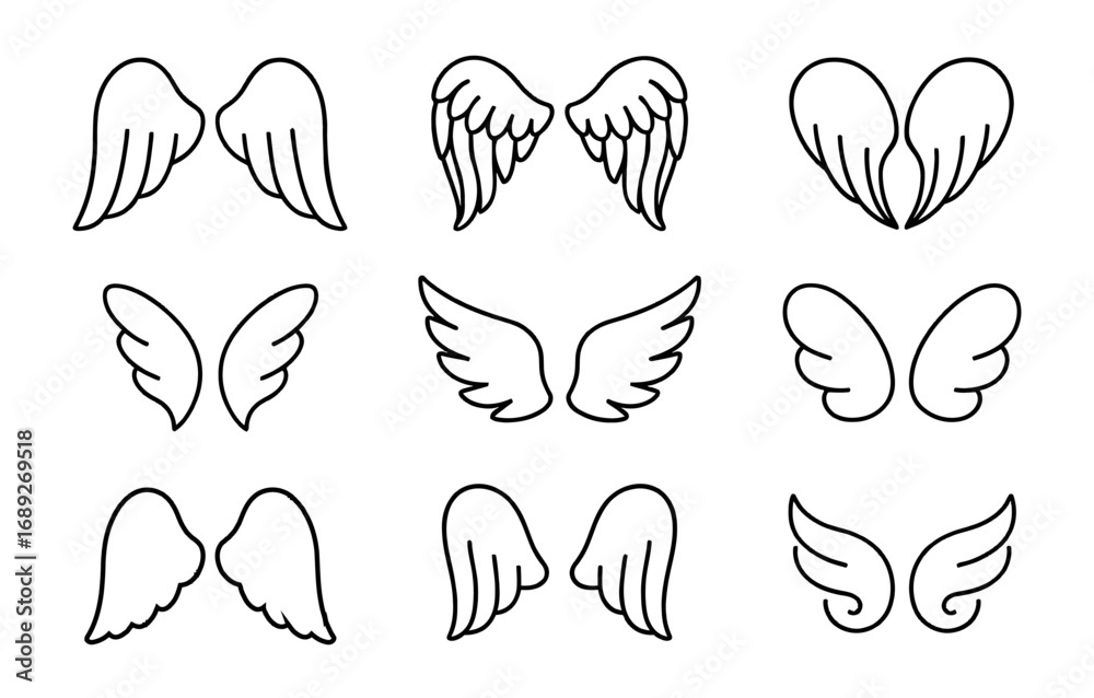 Fototapeta premium Collection of nine minimalist wing designs in black outline style