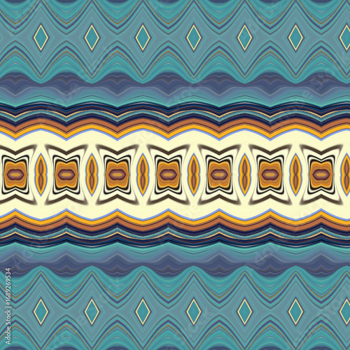 Geometric tribal-inspired abstract in blue, cream, and golden tones with layered textures and repeating symmetrical motifs.