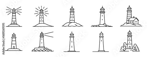 Minimalist set of linear lighthouses with simple line art designs