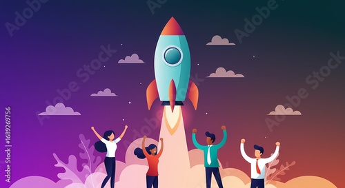 Fototapeta Naklejka Na Ścianę i Meble -  A vibrant cartoon rocket ship soars through the night sky with stars and planets, a fun vintage-style illustration for space exploration travel