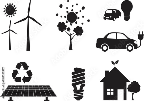 Eco-friendly icons, renewable energy, wind turbines, solar panels, electric car, recycling symbol, sustainable living, compact bulb, nature, tree, sun, 