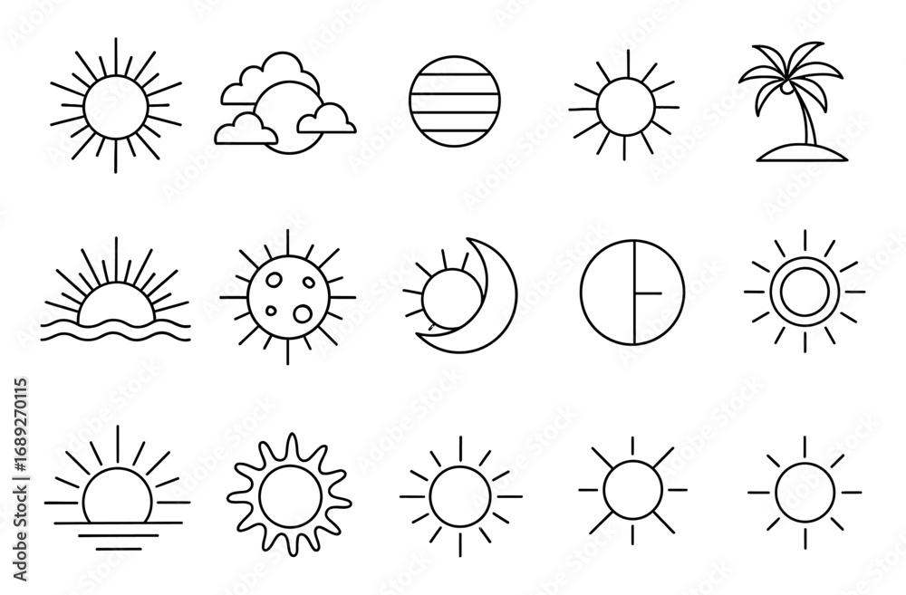 Obraz premium Minimalist sun and moon line art icons collection with clouds and palms