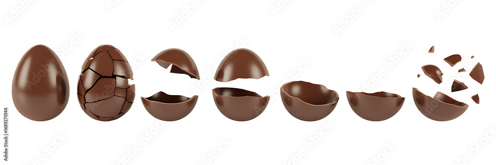 Obraz premium Collection of cracked and whole dark chocolate easter eggs arranged in a row on a white background