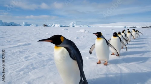 Penguins sliding across Antarctic ice.