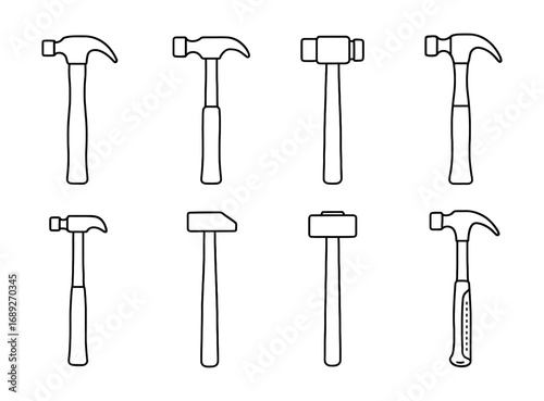 Set of eight linear hammer icons: outline collection for construction and diy tools