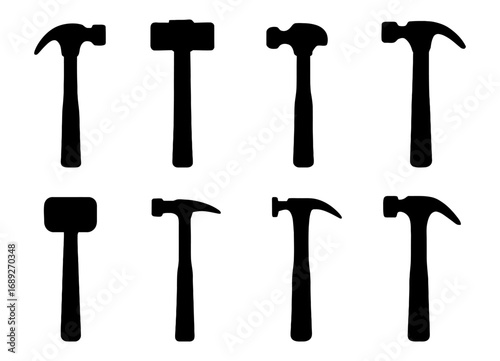 Set of hammer silhouettes: various shapes and styles for construction and diy projects