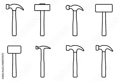 Outline collection of various hammer tools for construction and carpentry