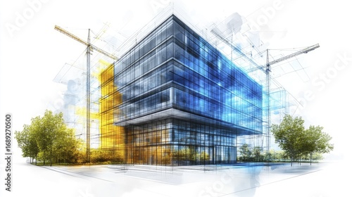 Modern architectural concept of a glass office building under construction with a blend of design sketch and vibrant blue and yellow facades against a clean white background.