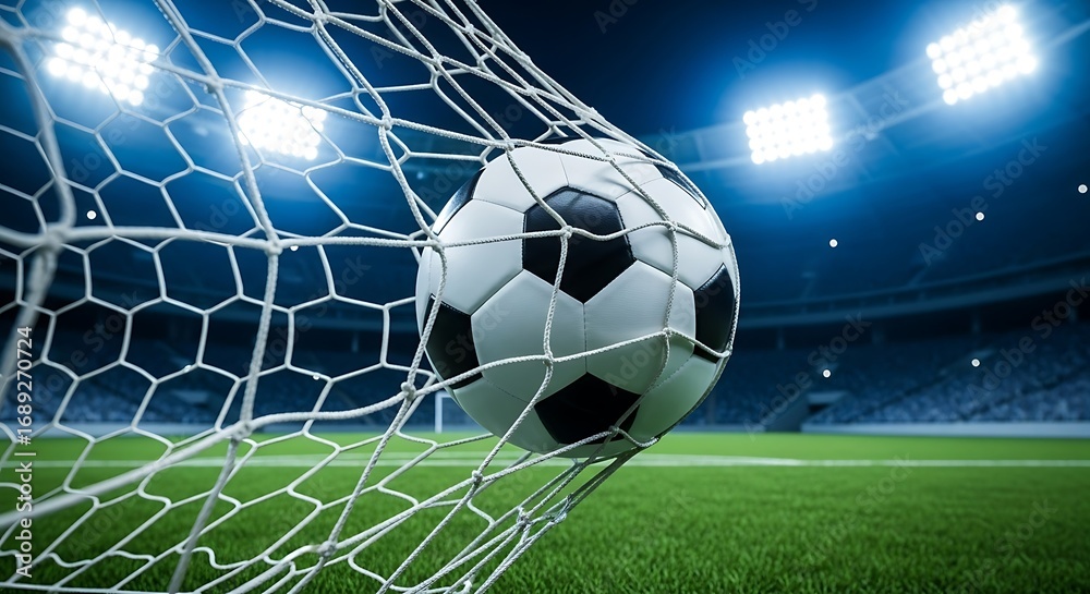 Naklejka premium Dramatic image of a soccer ball entering the net under the stadium lights