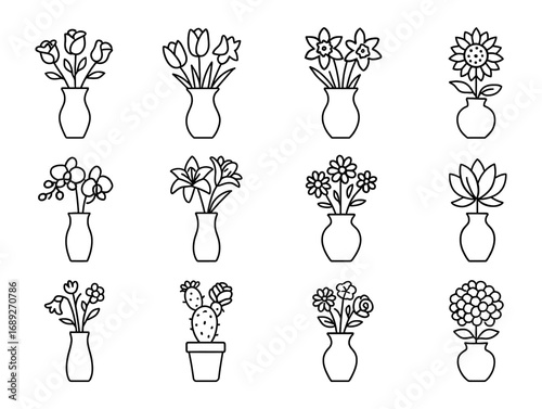 Elegant floral vase collection: minimalist line art of various flowers