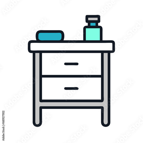 Minimalist nightstand with turquoise accessories on a black background