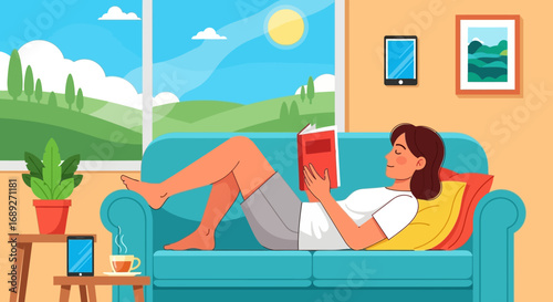 A woman relaxes on a teal couch, reading a book, enjoying a sunny view from a large window.