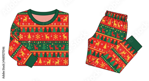 Christmas pajamas, a red and green set with festive reindeer, trees, and snowflakes, presented as a flat lay design.