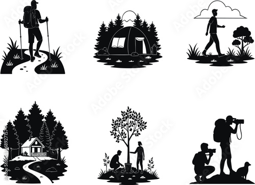 Outdoor adventure, nature activities, hiking, camping, gardening, wildlife watching, forest cabin, eco lifestyle, environmental care, scenic exploration, silhouette illustration
