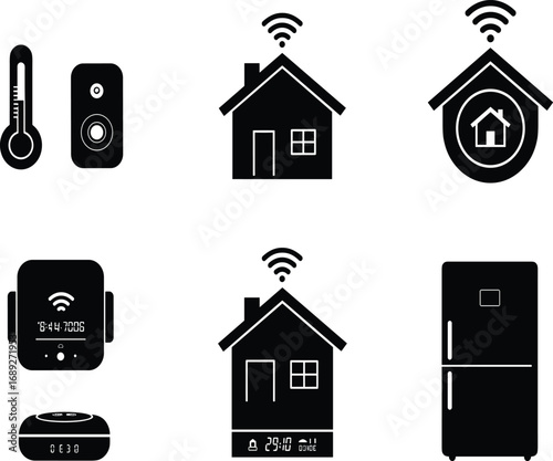 Smart, home, icon, silhouette, technology, wireless, automation, device, control, system, network, security, appliance, camera, plug, house, signal, monitoring, innovation, interface