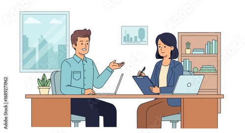 A job interview takes place between a man and woman seated at a desk in an office.