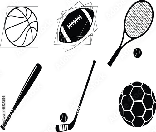 Sports equipment icons, basketball, football, tennis, baseball, hockey, soccer ball, black vector set, athletic gear, editable design, silhouette