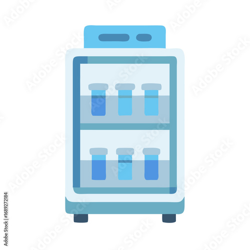 Blue mini fridge with liquid containers, flat design style