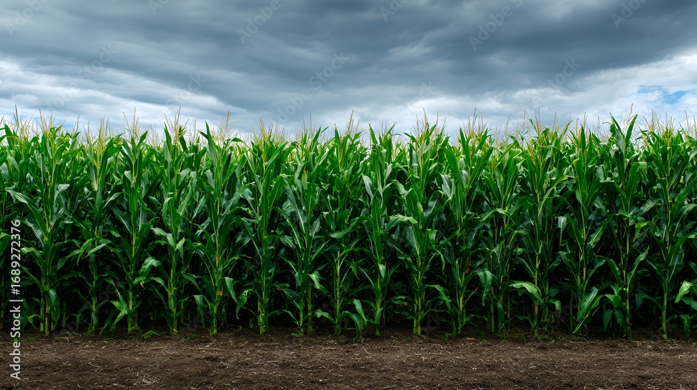 Fototapeta premium Lush green cornfield under dramatic stormy clouds.