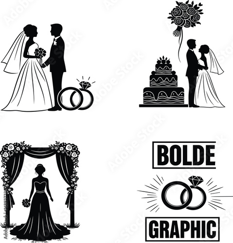 Wedding icons, bride and groom silhouette, wedding rings, cake, floral arch, romantic kiss, black vector set, editable design, celebration