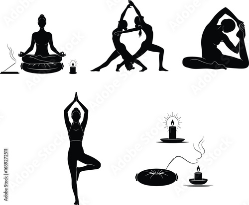 Yoga icons, meditation poses, partner yoga, tree pose, incense and candle, wellness silhouette, black vector set, editable design, relaxationYoga icons, meditation poses, partner yoga,