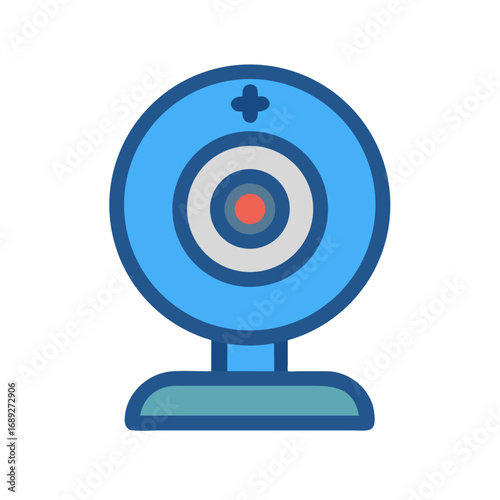 Stylized blue webcam illustration against black background, simple design