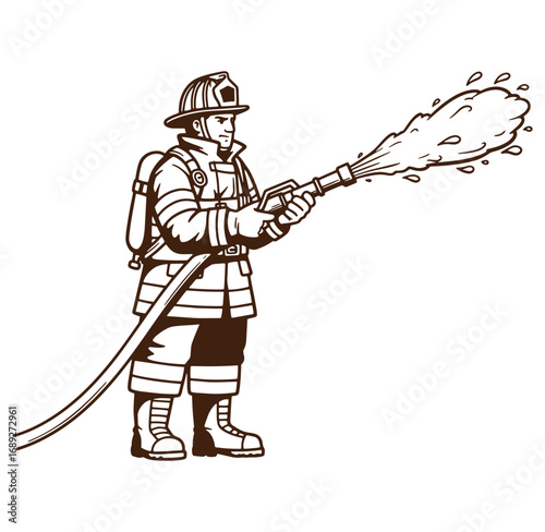 Illustrated firefighter aiming water hose depicting courage and bravery in emergency situations