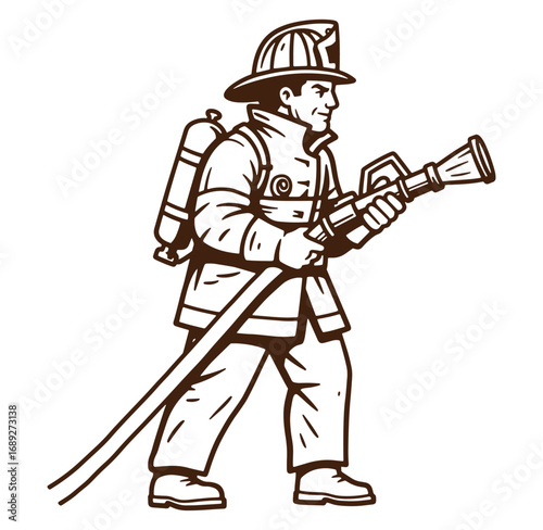 Illustrated firefighter in uniform holding a water hose and equipment on a white background