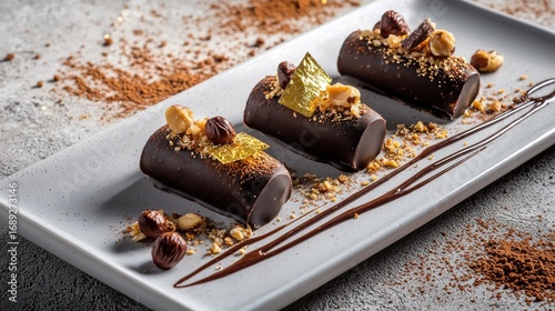 Premium chocolate hazelnut praline dessert logs with gold leaf garnish and crushed nuts on elegant white ceramic serving plate for fine dining