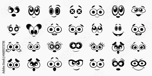 Collection of diverse black and white cartoon eyes and mouths expressing various emotions and feelings