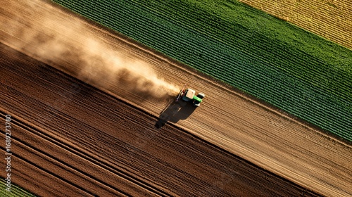 Aerial view of a tractor working on a dust-filled agricultural field.