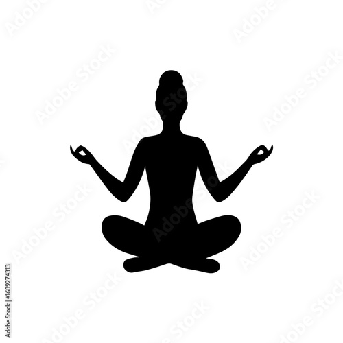 Silhouette of woman meditating in lotus pose - Black silhouette of a woman practicing yoga meditation in lotus pose, symbolizing relaxation, mindfulness, inner peace, and spiritual balance.

