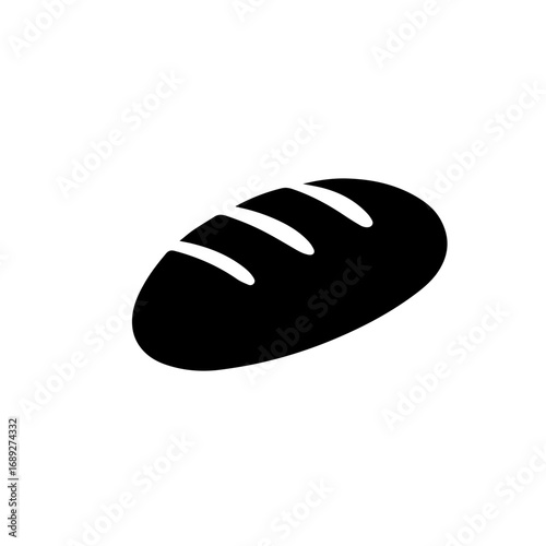 Fresh bread loaf bakery food icon - Black silhouette icon of a bread loaf with cuts on top, symbolizing bakery, food, breakfast, homemade baking, and traditional nutrition.
