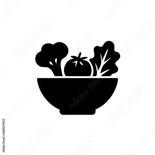 Fresh vegetable salad bowl healthy food icon - Black silhouette icon of a bowl filled with vegetables, symbolizing salad, healthy eating, nutrition, diet, freshness, and vegetarian lifestyle.
