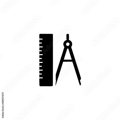 Ruler and compass geometry education icon - Black silhouette icon of a ruler and drawing compass, symbolizing geometry, mathematics, measurement, architecture, design, and technical education tools.
