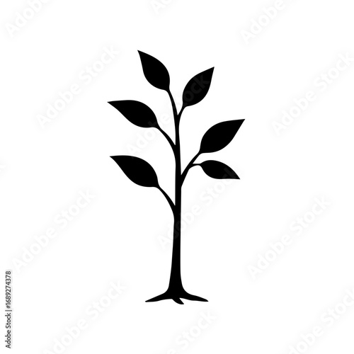 Young tree with leaves simple nature icon - Black silhouette of a small tree with leaves, symbolizing growth, environment, nature, ecology, sustainability, life, and green future.
