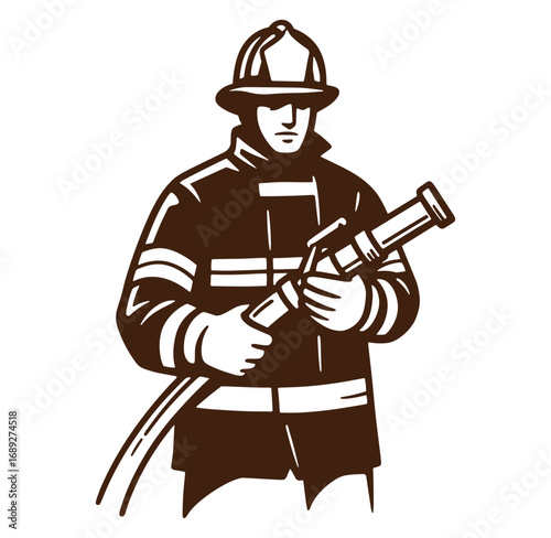 Silhouette illustration of a brave firefighter holding a water hose ready for firefighting operations