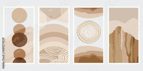 Set of four abstract mid century modern geometric and landscape art prints