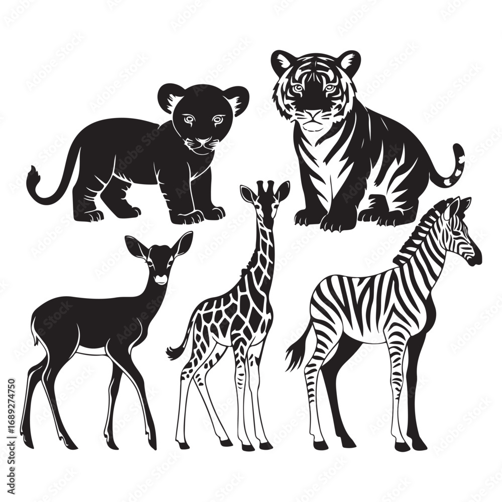 Obraz premium Baby Wild Animal Silhouette Vector Pack – Lion Cub, Tiger Cub, Zebra, Giraffe, Deer Clipart for Kids and Nursery