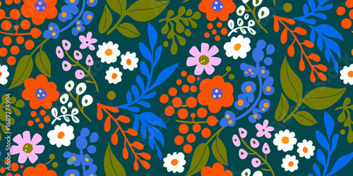 Vibrant retro floral pattern with orange pink white and blue flowers on dark teal