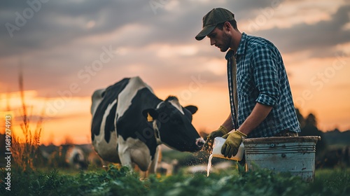Male farmer milking cow at sunset, immersed in rural agriculture.
