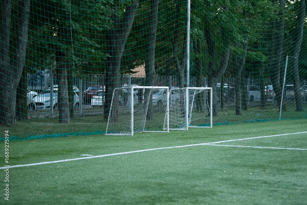 Fototapeta premium Two small soccer goals are positioned on a green field, framed by tall trees. The setting sun casts a warm light, highlighting nearby parked cars, suggesting a quiet afternoon