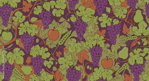 Autumn harvest pattern featuring grapes, apples and pears in shades of green and purple, creating seasonal background. Autumn harvest is beautifully arranged with leaves and grains.