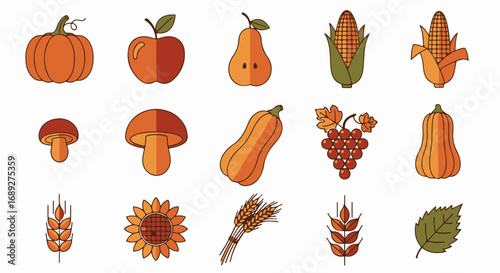Autumn harvest featuring pumpkin, apple, pear, and corn icons. Autumn harvest theme showcases seasonal fruits and vegetables with wheat, mushrooms, grapes, and a sunflower in a clean line style.
