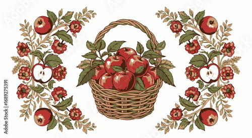 Apple basket overflowing with fresh red apples and decorative floral arrangement. Apple basket highlights autumn bounty, offering rustic charm and a colorful, seasonal motif.