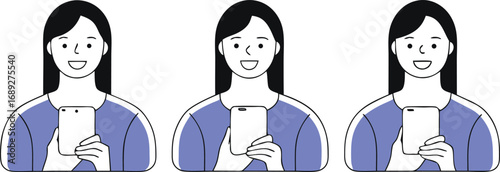 Three women with different expressions and skin conditions holding smartphones transparent background