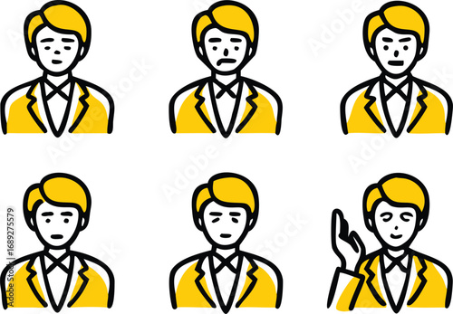 Business man character expressions set showing emotions like happy confused sad thinking and raised hand transparent background