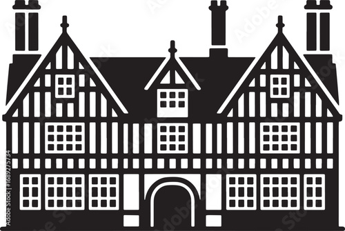 Tudor House Silhouette Vector Illustration of Traditional English Architecture