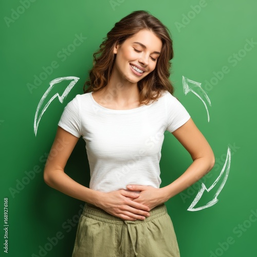 A happy woman with a drawing of a digestive process, promoting healthy living. The woman wears white top and smile and seems happy and at peace with herself 