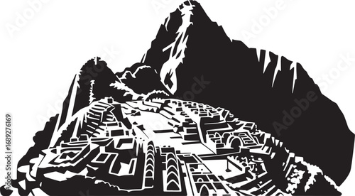 Machu Picchu Silhouette Vector Illustration of Ancient Inca Citadel in the Andes Mountains